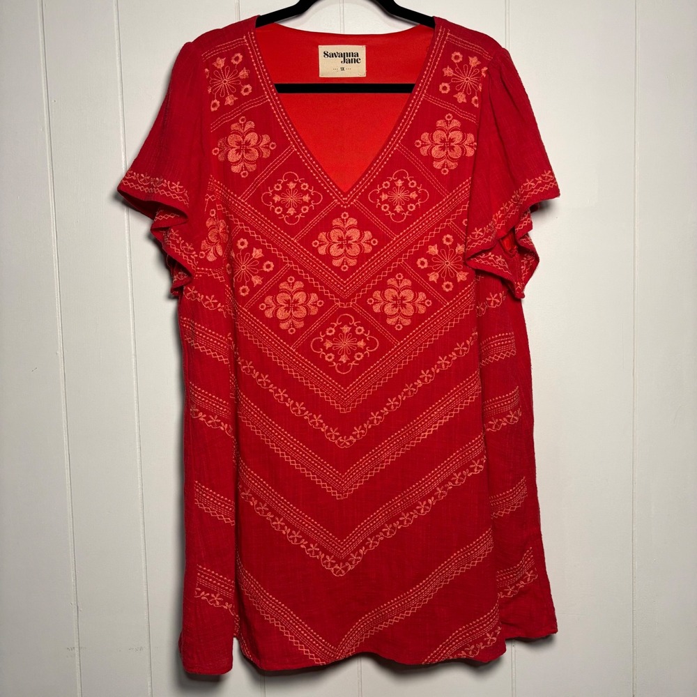 Savanna Jane Red Embroidered V-Neck Flutter Sleeve Shift Dress Plus 1X Boho